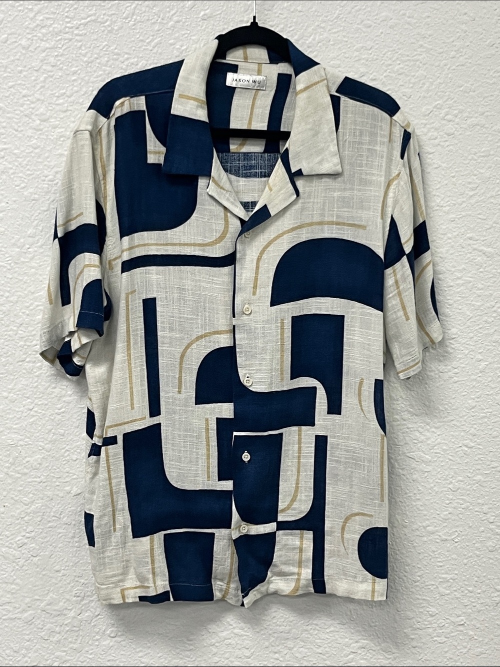 Jason Wu Navy, Cream & Gold Geometric Short-Sleeve Button Shirt #1109